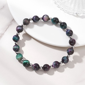 Браслеты из натурального тигрового глаза и 304 нержавеющей стали с эластичными бусинами для женщин, круглые