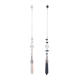 Natural Gemstone Pointed Dowsing Pendulums, with Stainless Steel Tree of Life & Lobster Claw Clasp, Faceted Bullet Charm