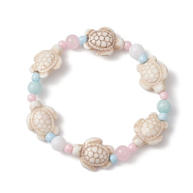 Ocean Theme Kids Bracelet, Natural Malaysia Jade & Synthetic Turquoise Turtle Beaded Stretch Bracelet