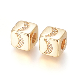 Brass Micro Pave Cubic Zirconia European Beads, Large Hole Beads, Long-Lasting Plated, Cube with Pattern