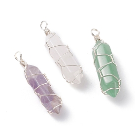 3Pcs Natural Amethyst, Natural Green Aventurin and Natural Rose Quartz Pointed Pendants, with Silver Color Plated Eco-Friendly Copper Wire Wrapped, Faceted Bullet