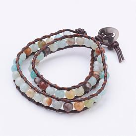 Two Loops Natural Gemstone Wrap Bracelets, with Cowhide Leather Cord and 304 Stainless Steel Sewing Buttons, with Burlap Paking Pouches Drawstring Bags