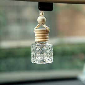 Column Glass Empty Refillable Car Perfume Bottle, Car Hanging Fragrance Essential Oil Diffuser Bottle Pendants Decor, with Wood Cap