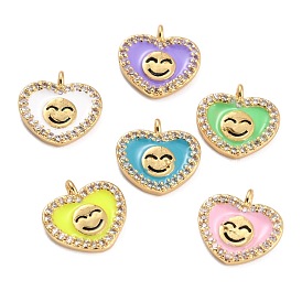 Golden Plated Brass Micro Pave Clear Cubic Zirconia Charms, with Enamel, Long-Lasting Plated, Heart with Smile Face