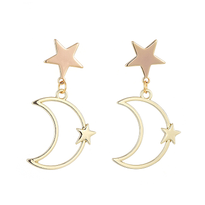 Star & Moon Dangle Stud Earrings, with Alloy Pendants, Brass Stud Earring Findings and Ear Nuts