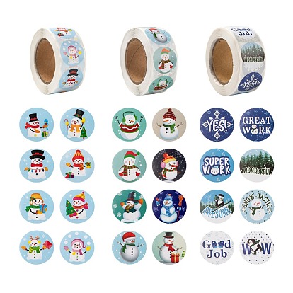 6 Rolls 3 Style Flat Round Christmas Theme Snowman & Snowflake Tag Stickers, Self-Adhesive Paper Gift Tag Stickers, for Party Decorative Presents