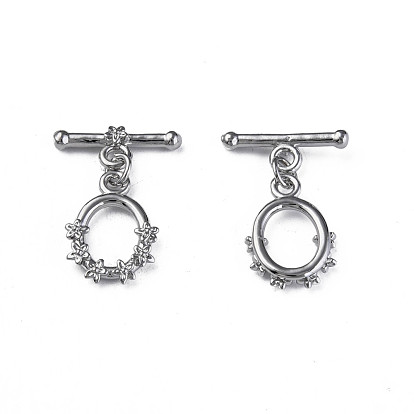 Brass Toggle Clasps, Nickel Free, Oval with Flower