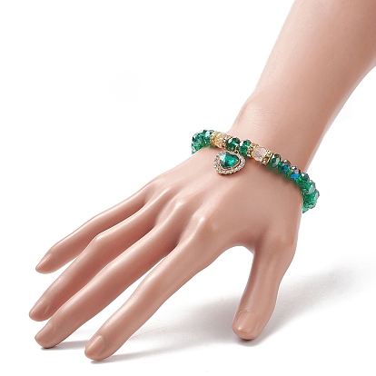 Glass Beaded Stretch Bracelet with Alloy Rhinestone Heart Charm for Women