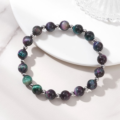 Браслеты из натурального тигрового глаза и 304 нержавеющей стали с эластичными бусинами для женщин, круглые