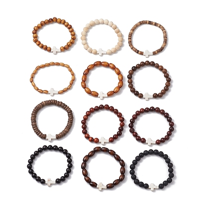 12 piezas 12 estilos Conjuntos de pulseras elásticas de coco natural, roca de lava sintética y cuentas de madera, Pulseras con cruz religiosa de turquesa sintética teñida, mezclado teñido y sin teñir