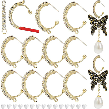 Серьги-гвоздики из латуни со стеклянными стразами, фурнитура для сережек в форме полукольца, с вертикальными петлями и пластиковыми ушными гайками, с-образный