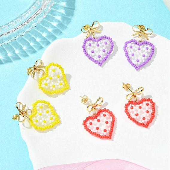 Heart Handmade Glass Seed Beads Dangle Stud Earrings, with Brass Stud Earring Findings, Golden