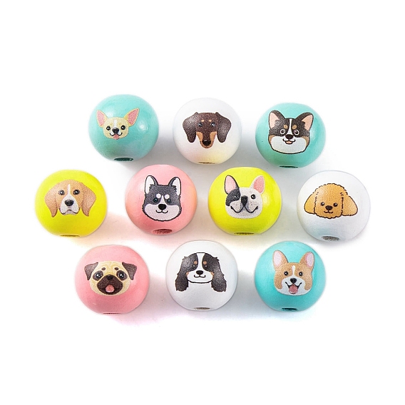 Wood European Beads, Round with Dog Pattern