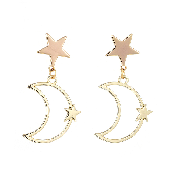 Star & Moon Dangle Stud Earrings, with Alloy Pendants, Brass Stud Earring Findings and Ear Nuts