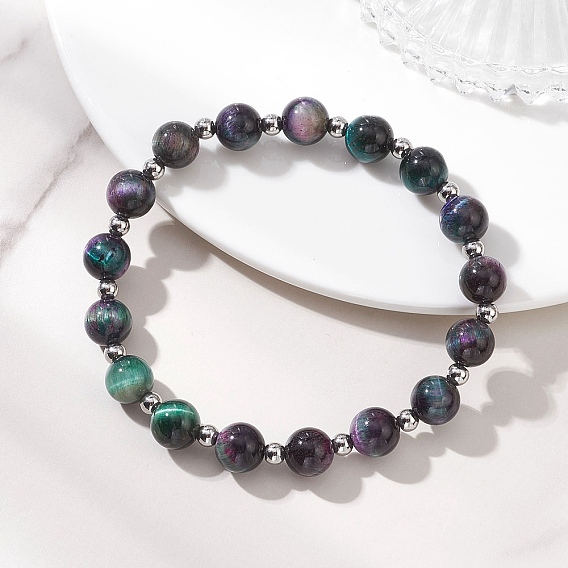 Браслеты из натурального тигрового глаза и 304 нержавеющей стали с эластичными бусинами для женщин, круглые