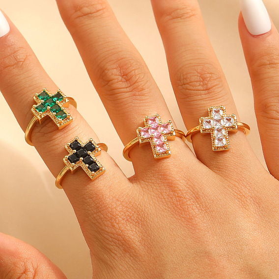 Регулируемые латунные манжеты с кубическим цирконием и паве для женщин, крестик, золотые