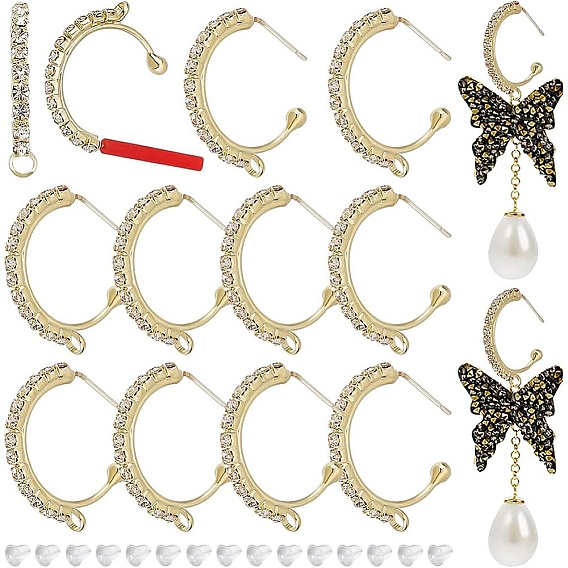 Серьги-гвоздики из латуни со стеклянными стразами, фурнитура для сережек в форме полукольца, с вертикальными петлями и пластиковыми ушными гайками, с-образный