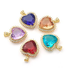 Transparent Faceted Glass Pendants, with Brass Micro Pave Clear Cubic Zirconia Findings, Heart