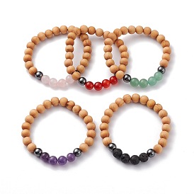 Natural Wood Beads Stretch Bracelets, with Natural Gemstone Beads, Non-magnetic Synthetic Hematite Beads