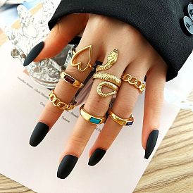 7-Piece Snake Chain Ring Set with Heart Joint, Unique Metal Cutout Design