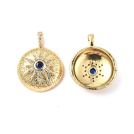 Brass Micro Pave Clear Cubic Zirconia Pendants, with Glass, Flat Round with Sun Charm