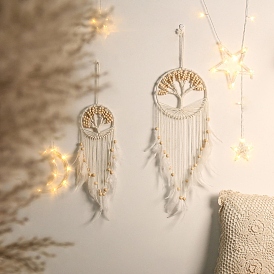 Bohemian Style Feather Pendant Decorations, with Cotton Rope and Wood Beads, Tree of Life