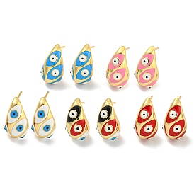 Rack Plating Brass Hoop Earrings, with Enamel, Cadmium Free & Lead Free, Long-Lasting Plated, Real 18K Gold Plated, Teardrop with Evil Eye