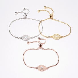 Adjustable Brass Micro Pave Cubic Zirconia Bolo Bracelets, Slider Bracelets, with Brass Box Chains and Enamel, Oval with Eye