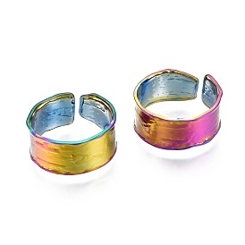 304 Stainless Steel Textured Wide Band Cuff Ring, Rainbow Color Open Ring for Women