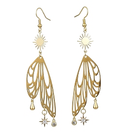 Sun & Butterfly Brass Chandelier Earrings, Cubic Zirconia Long Drop Earrings