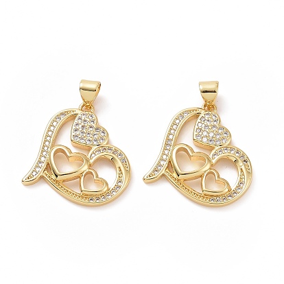 Brass Cubic Zirconia Pendants, Hollow Heart Charm