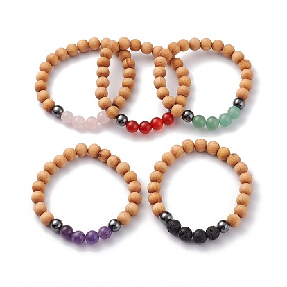 Natural Wood Beads Stretch Bracelets, with Natural Gemstone Beads, Non-magnetic Synthetic Hematite Beads