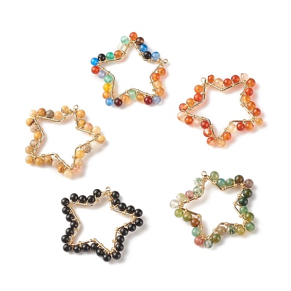Dyed Natural Gemstone Pendants, with Brass & Copper Findings, Star, Golden, Mixed Color