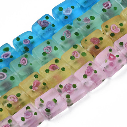 Handmade Frosted Lampwork Beads Strands, Square with Flower