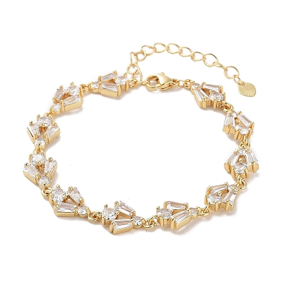 Rack Plating Brass Pave Clear Cubic Zirconia Rectangle & Flat Round Link Chain Bracelets for Women, Cadmium Free & Lead Free, Long-Lasting Plated