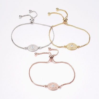 Adjustable Brass Micro Pave Cubic Zirconia Bolo Bracelets, Slider Bracelets, with Brass Box Chains and Enamel, Oval with Eye