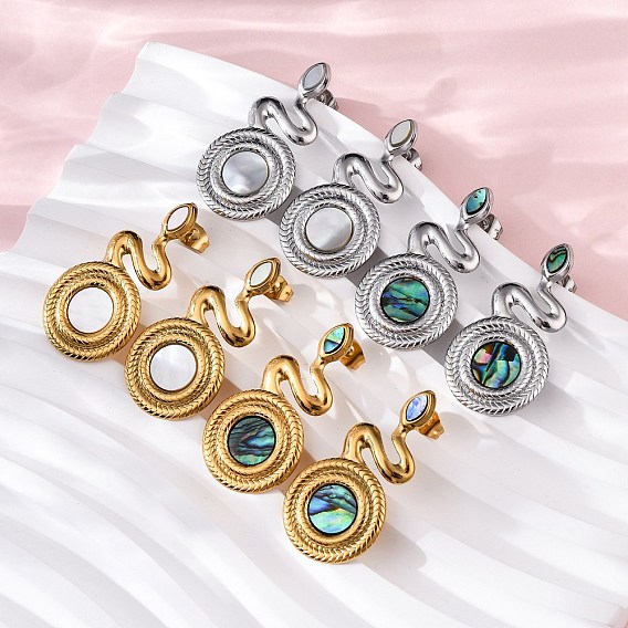 304 серьги-гвоздики из натуральной ракушки пауа из нержавеющей стали, ионное покрытие змеи (ip)