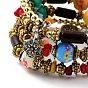 Boho Multi-strand Irregular Synthetic Turquoise Beads Wrap Bracelet, Flower Charm Bracelet, Wood & Round Flower Beads Bracelet, Ethnic Jewelry for Women, Antique Golden