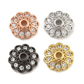 Rack Plating Flower Brass Micro Pave Clear Cubic Zirconia Bead Caps, Lead Free & Cadmium Free, Long-Lasting Plated