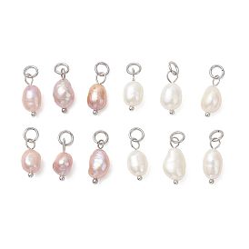 2шт 2 цвета натуральный жемчуг подвески, картофельные подвески с 304 петлями из нержавеющей стали, цвет нержавеющей стали