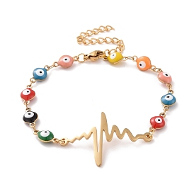 Vacuum Plating 304 Stainless Steel Heart Beat Link Bracelet with Colorful Enamel Evil Eye Chains for Women