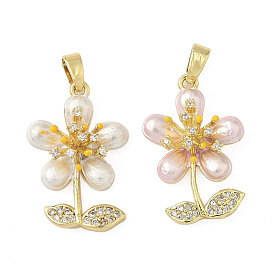Латунные микро проложить кубического циркония подвески, без кадмия и без свинца, цветок, с абс пластиковым перламутром и эмалью, реальный 18 k позолоченный