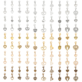 100 pcs 5 couleurs décorations de pendentif en alliage, cœur, avec alliage homard fermoirs pince