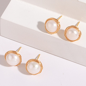 Minimalist Round Geometric 14K Gold Stud Earrings with Freshwater Pearls