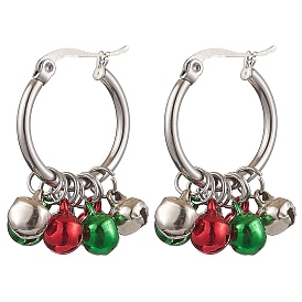 304 Stainless Steel Hoop Earrings, with Brass Bell, For Christmas