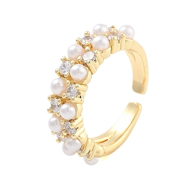 Brass Cubic Zirconia Open Cuff Rings for Women, with ABS Imitation Pearl Beads
