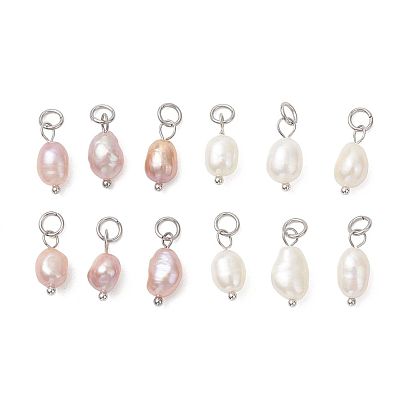 2шт 2 цвета натуральный жемчуг подвески, картофельные подвески с 304 петлями из нержавеющей стали, цвет нержавеющей стали