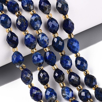 Нитки бусины из натурального ляписа-лазури, граненые, овальные, с бисером