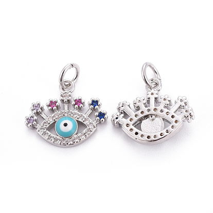 Brass Micro Pave Cubic Zirconia Charms, with Enamel and Jump Rings, Evil Eye, Colorful