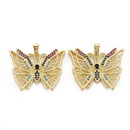 Brass Micro Pave Cubic Zirconia Pendants, Nickel Free, Real 16K Gold Plated, Butterfly